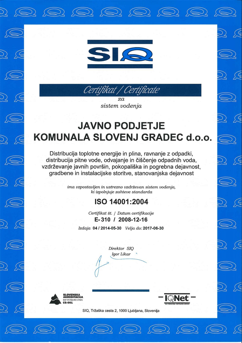 Certifikat ISO 14001 za ravnanje z okoljem